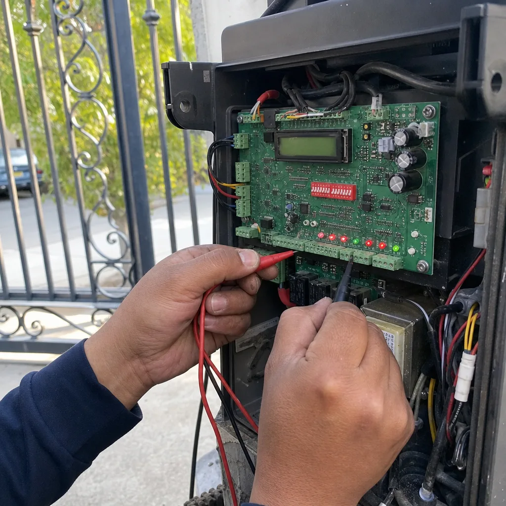 Technician performing professional electric gate repair and circuit board diagnostics