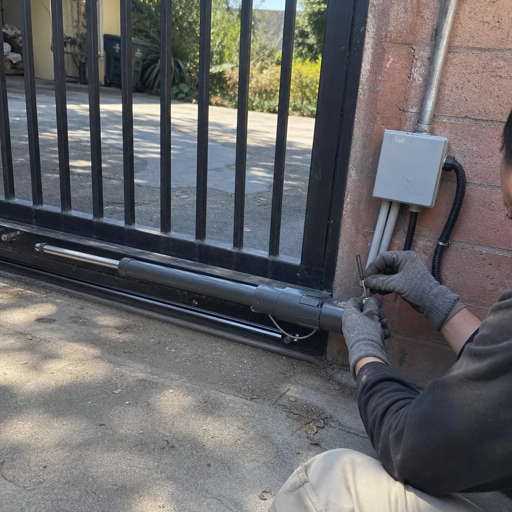 Technician performing maintenance on an electric gate opener motor