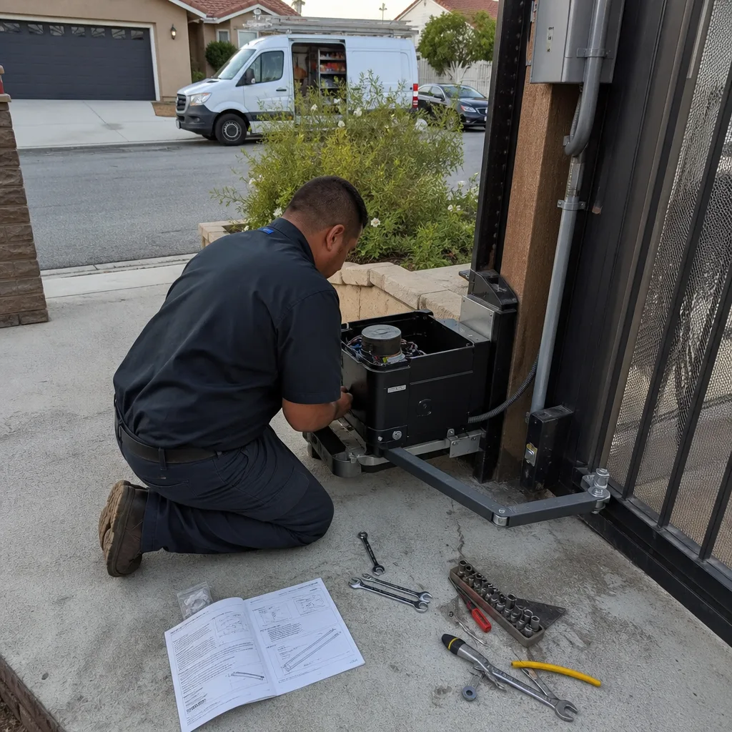 Technician performing professional electric gate repair and maintenance