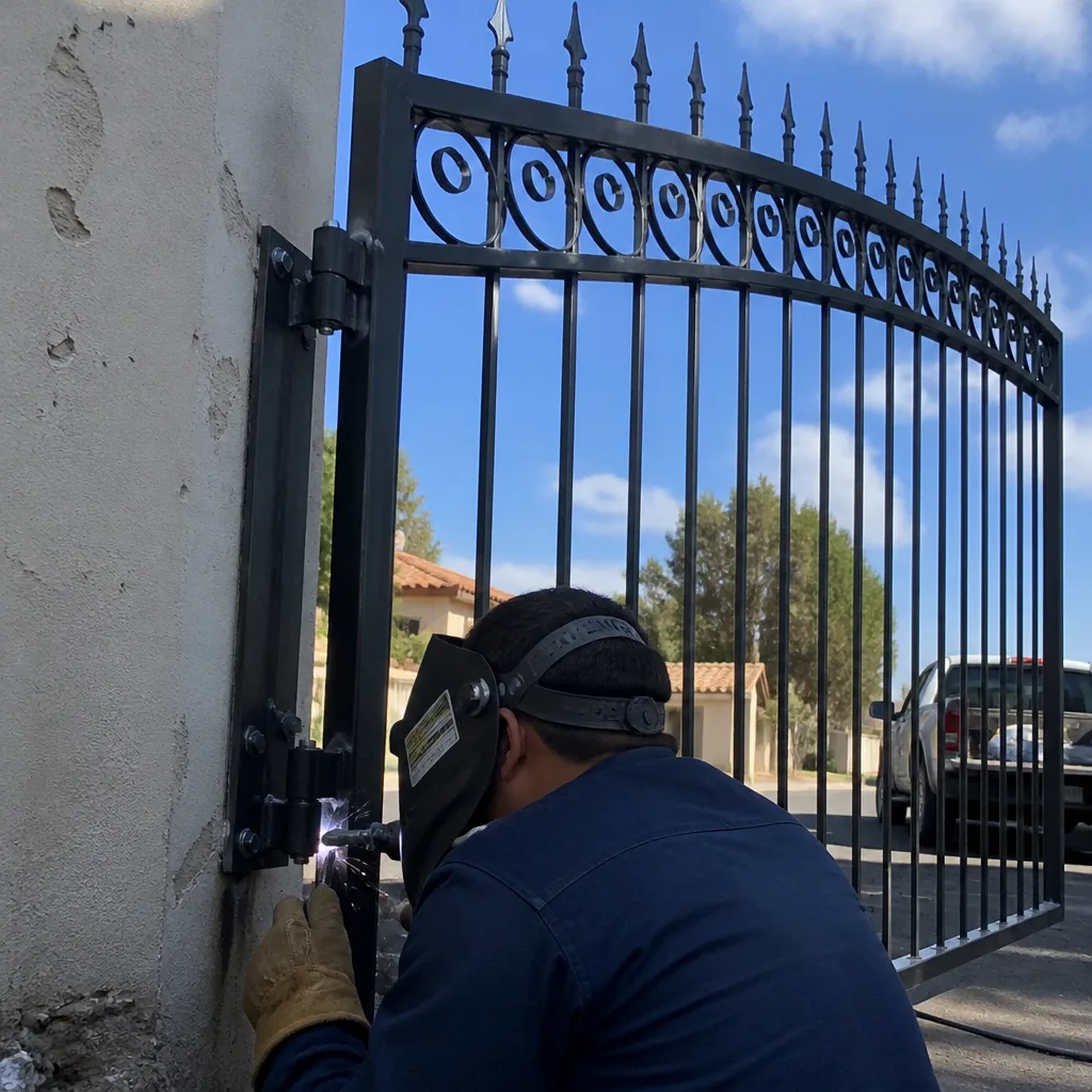 Welder installing a metal gate hinge on a concrete pillar