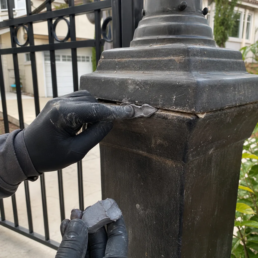 Professional applying sealant to repair a metal gate post