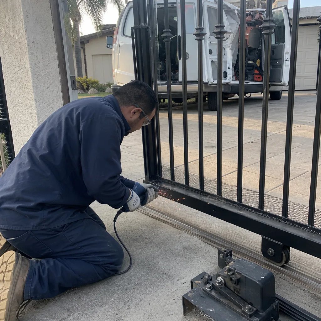 Technician using an angle grinder to perform professional gate repair