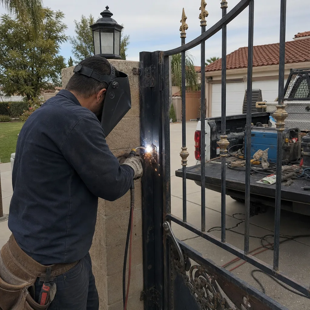 Professional welder performing onsite metal gate repair services.